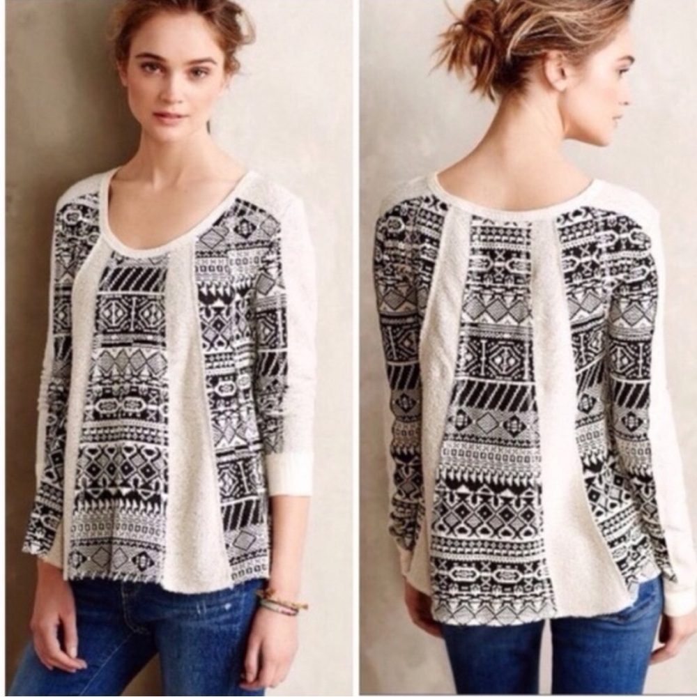 ANTHROPOLOGIE Lilka Geo Jacquard Swing Pullover White and Black Size S